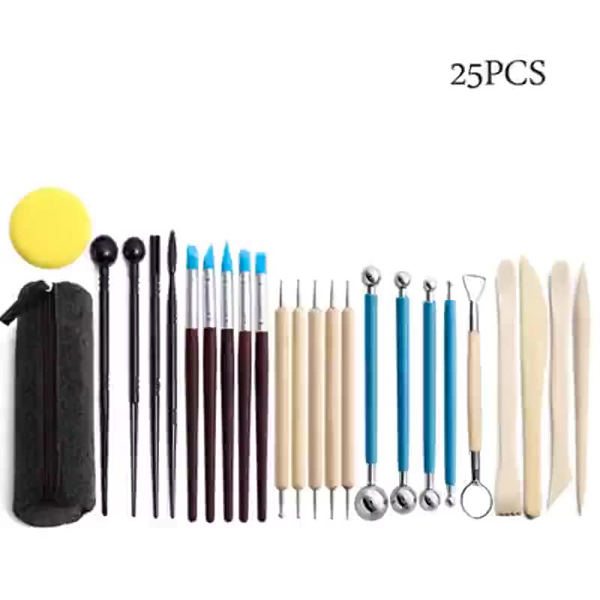Pottery tools 25-piece set with pen bag Pottery clay stone plastic carving knife Sponge clay indentation point drill pen 